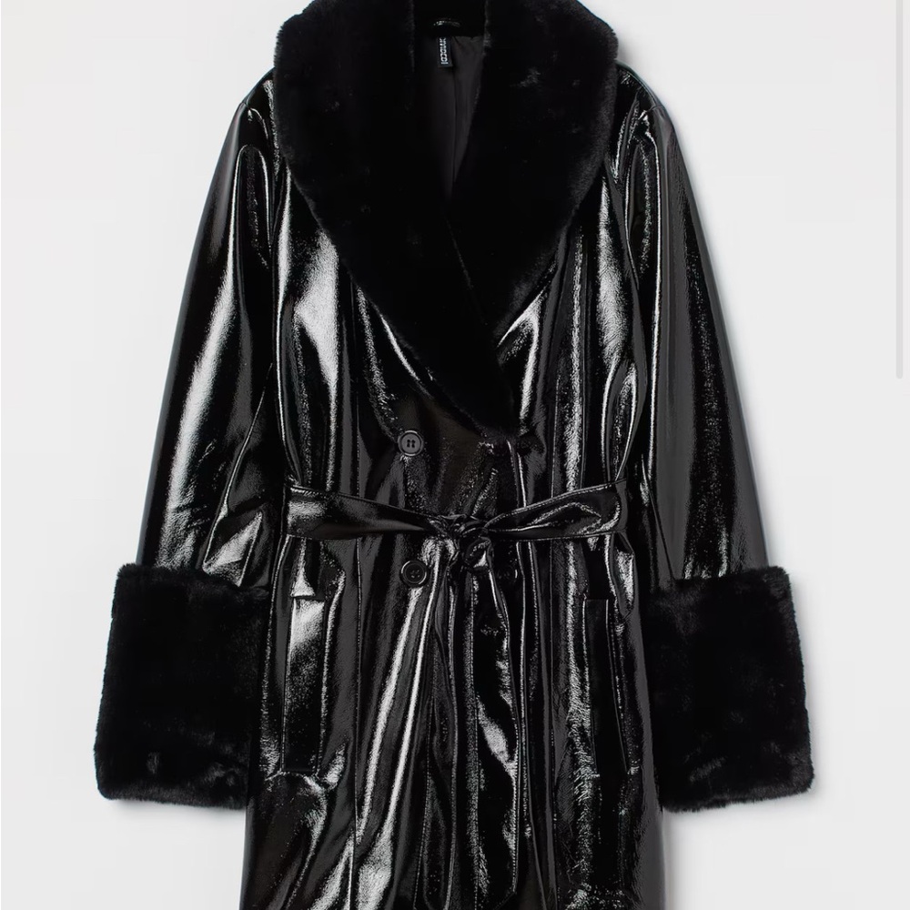 H&M Y2K Black Patent Leather Trench Jacket with Faux Fur Trim- never worn 90s